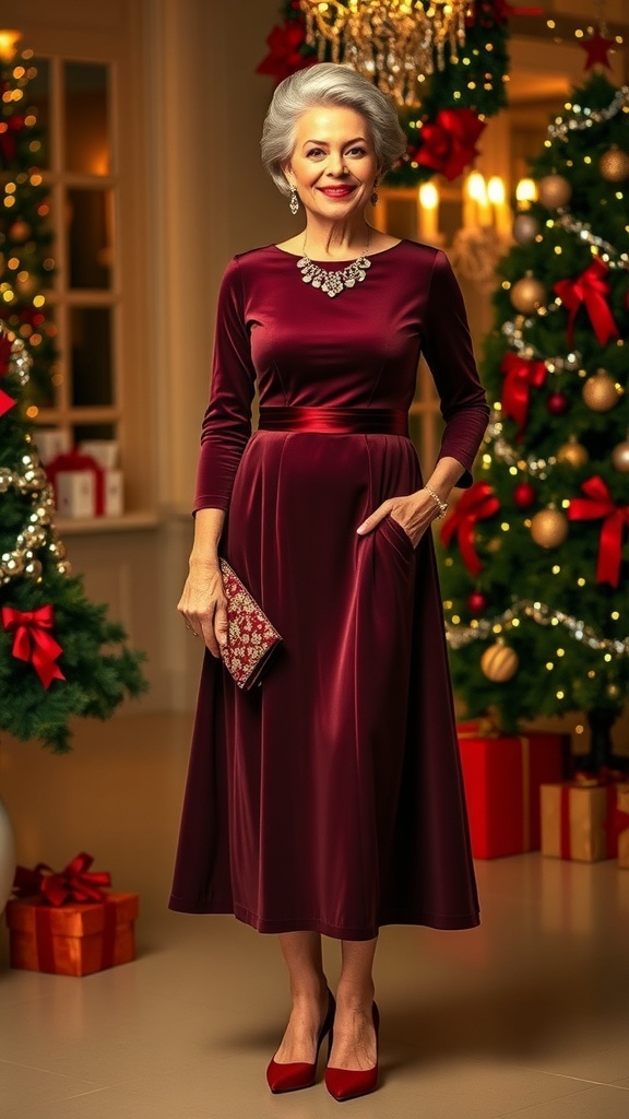 Elegant Christmas Outfit Ideas for Women Over 50 Elegant Christmas outfit for women over 50, showcasing a jewel-toned A-line dress and stylish accessories.